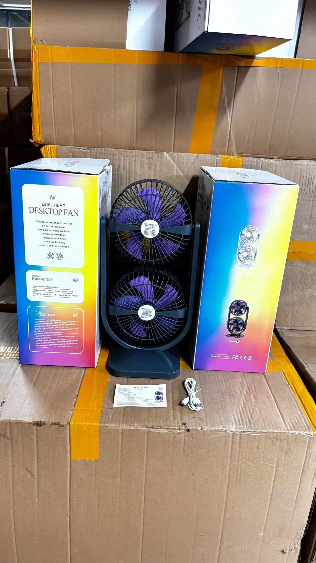 Brushless dual-head rechargeable desktop fan with 3600mAh battery